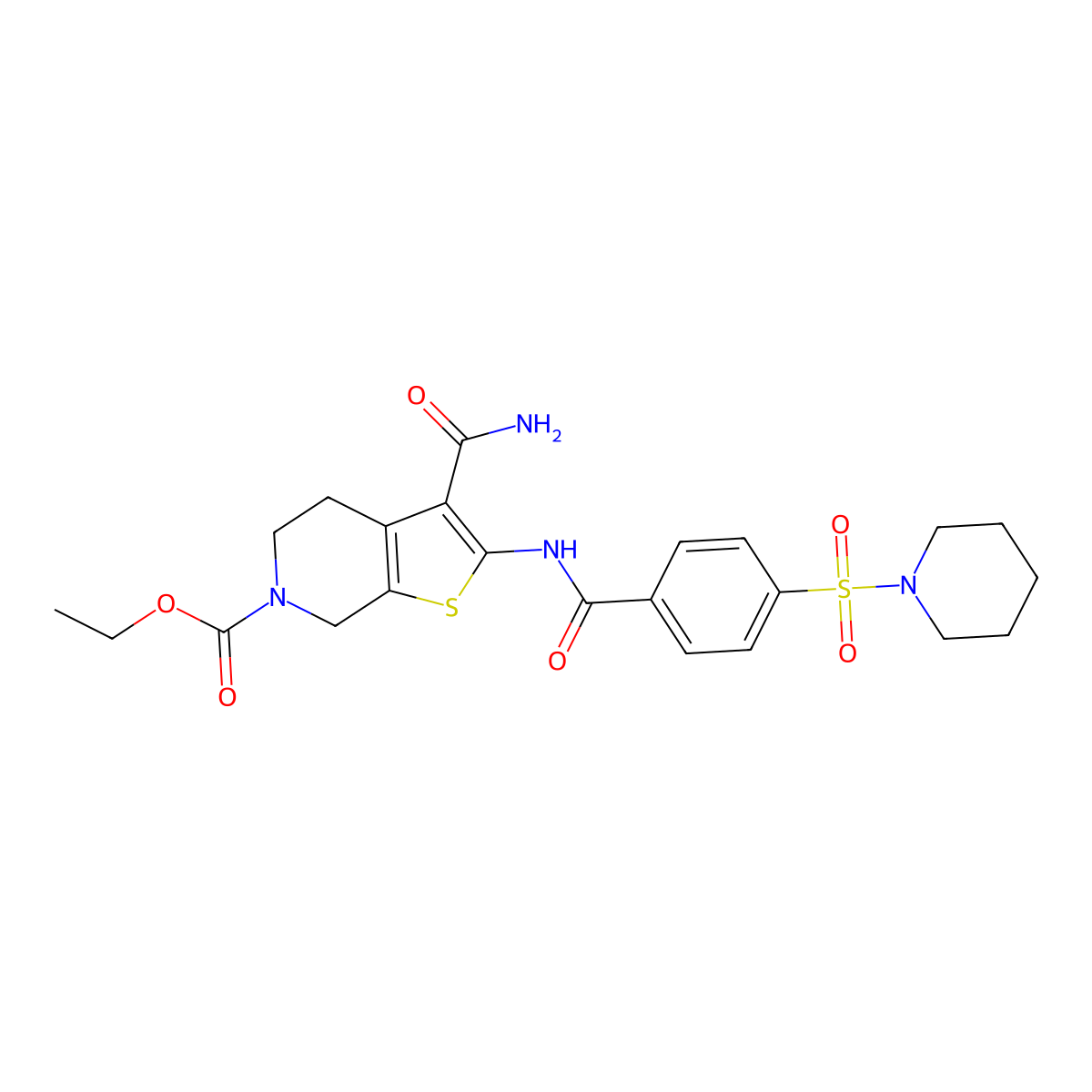 ethyl 3-carbamoyl-2-(4-(piperidin-1-ylsulfonyl)benzamido)-4,5-dihydrothieno[2,3-c]pyridine-6(7H)-carboxylate molecular structure, CAS 449782-11-0