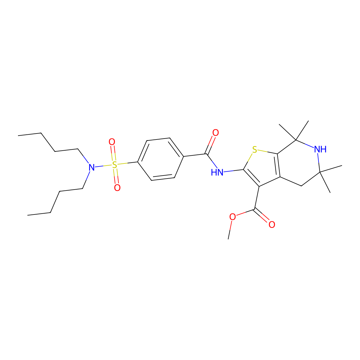 Methyl 2-[[4-(dibutylsulfamoyl)benzoyl]amino]-5,5,7,7-tetramethyl-4,6-dihydrothieno[2,3-c]pyridine-3-carboxylate molecular structure, CAS 449782-51-8