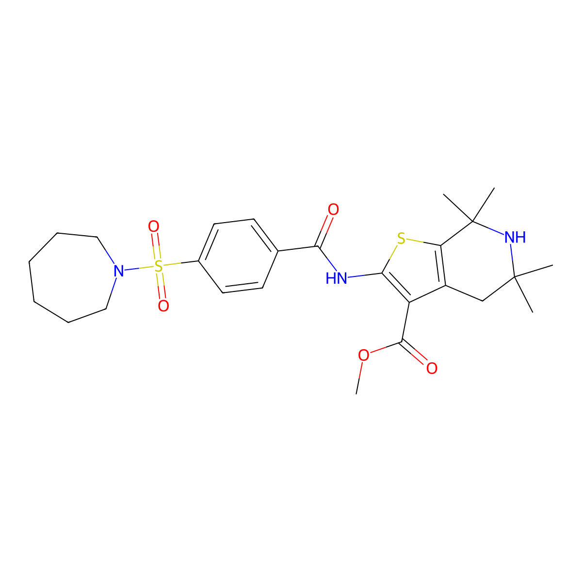 Methyl 2-[[4-(azepan-1-ylsulfonyl)benzoyl]amino]-5,5,7,7-tetramethyl-4,6-dihydrothieno[2,3-c]pyridine-3-carboxylate molecular structure, CAS 449782-67-6