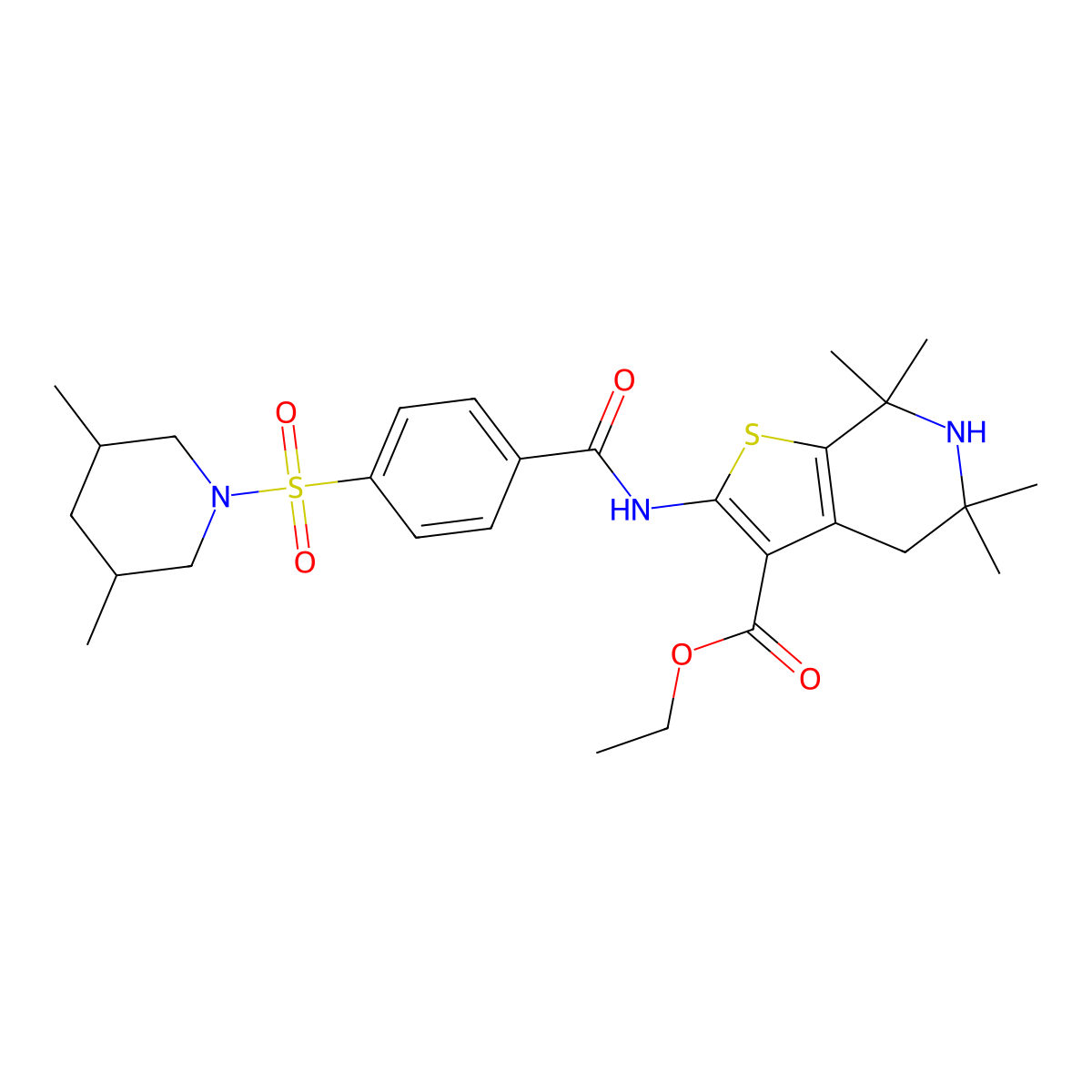 Ethyl 2-(4-((3,5-dimethylpiperidin-1-yl)sulfonyl)benzamido)-5,5,7,7-tetramethyl-4,5,6,7-tetrahydrothieno[2,3-c]pyridine-3-carboxylate molecular structure, CAS 449783-15-7