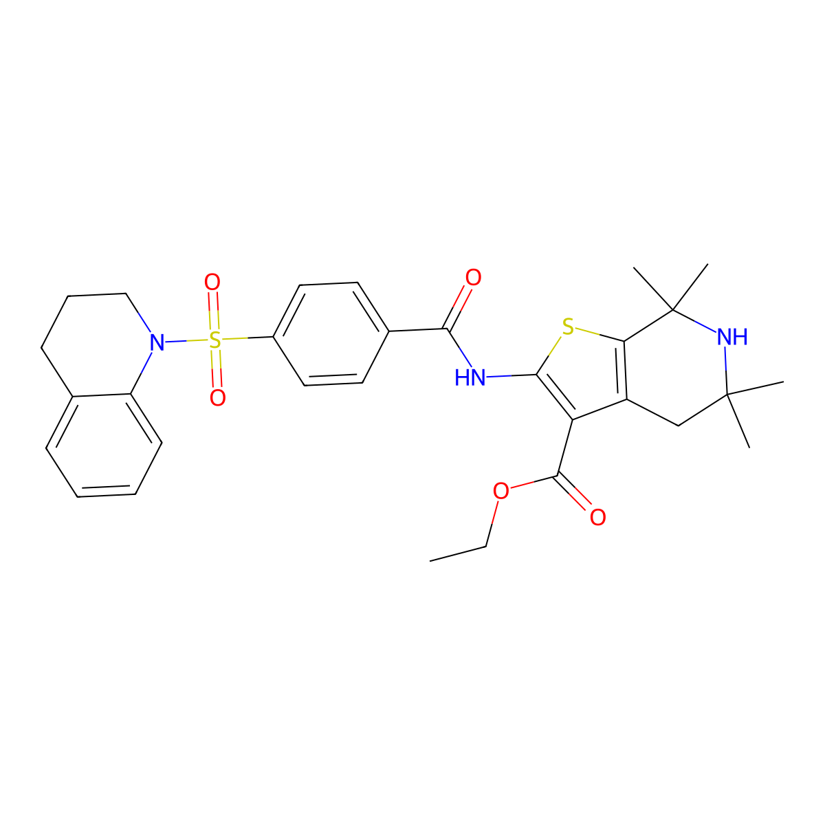 ethyl 2-[[4-(3,4-dihydro-2H-quinolin-1-ylsulfonyl)benzoyl]amino]-5,5,7,7-tetramethyl-4,6-dihydrothieno[2,3-c]pyridine-3-carboxylate molecular structure, CAS 449783-21-5