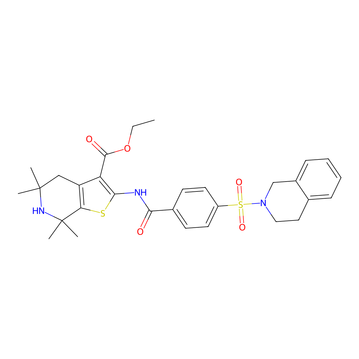ethyl 2-[[4-(3,4-dihydro-1H-isoquinolin-2-ylsulfonyl)benzoyl]amino]-5,5,7,7-tetramethyl-4,6-dihydrothieno[2,3-c]pyridine-3-carboxylate molecular structure, CAS 449783-23-7