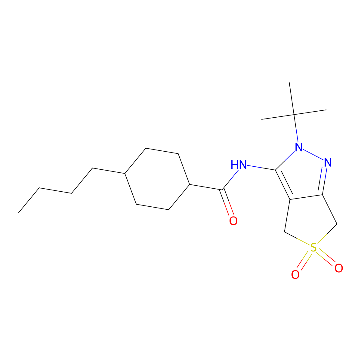 4-butyl-N-(2-(tert-butyl)-5,5-dioxido-4,6-dihydro-2H-thieno[3,4-c]pyrazol-3-yl)cyclohexanecarboxamide molecular structure, CAS 449783-52-2