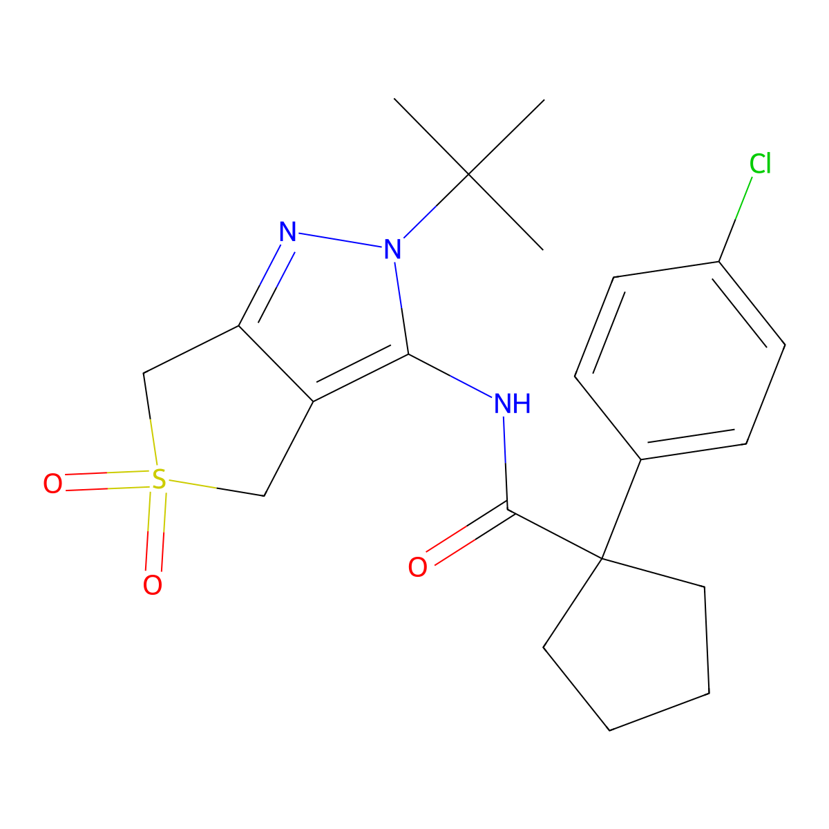 N-(2-tert-butyl-5,5-dioxo-4,6-dihydrothieno[3,4-c]pyrazol-3-yl)-1-(4-chlorophenyl)cyclopentane-1-carboxamide molecular structure, CAS 449784-85-4