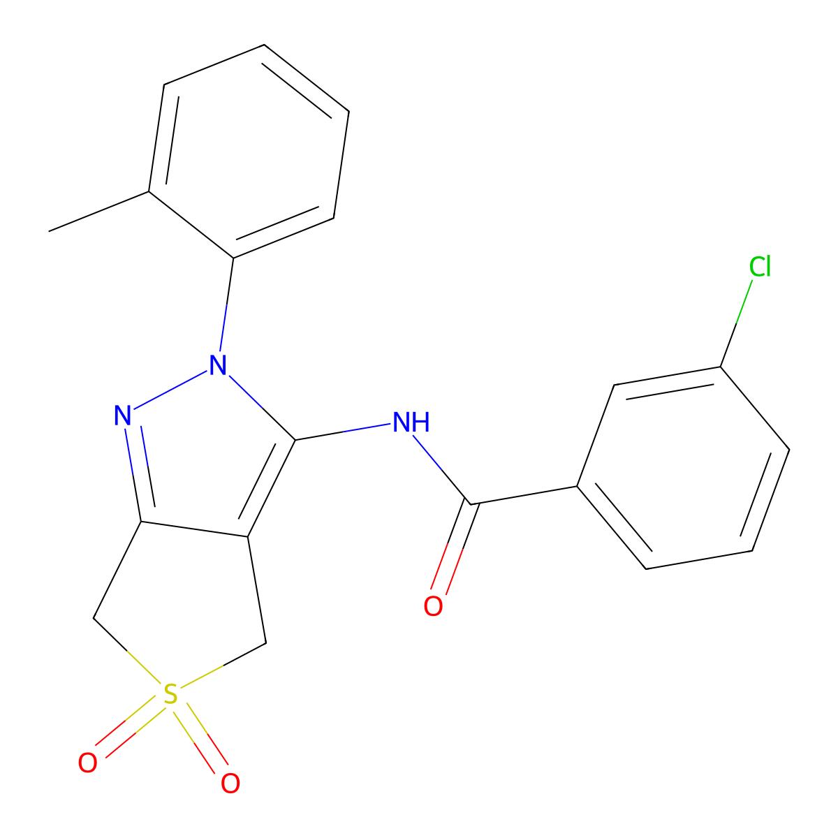 3-chloro-N-[2-(2-methylphenyl)-5,5-dioxo-4,6-dihydrothieno[3,4-c]pyrazol-3-yl]benzamide molecular structure, CAS 449785-45-9