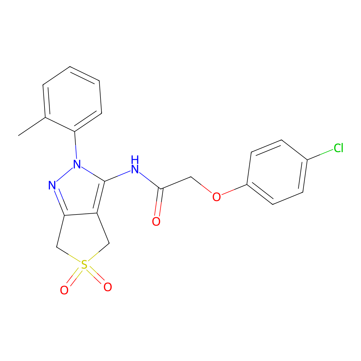 2-(4-chlorophenoxy)-N-[2-(2-methylphenyl)-5,5-dioxo-4,6-dihydrothieno[3,4-c]pyrazol-3-yl]acetamide molecular structure, CAS 449786-42-9