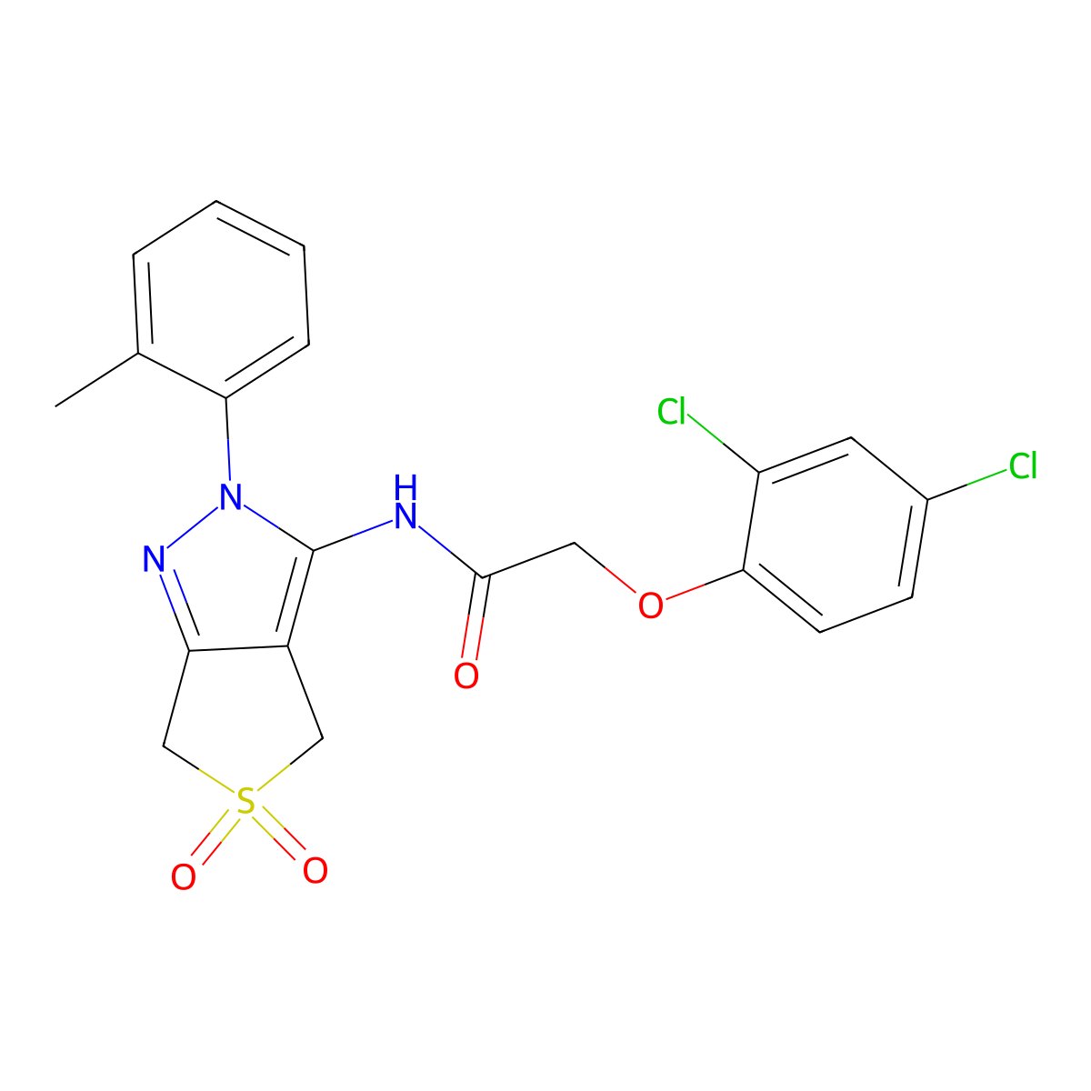 2-(2,4-dichlorophenoxy)-N-[2-(2-methylphenyl)-5,5-dioxo-4,6-dihydrothieno[3,4-c]pyrazol-3-yl]acetamide molecular structure, CAS 449786-44-1