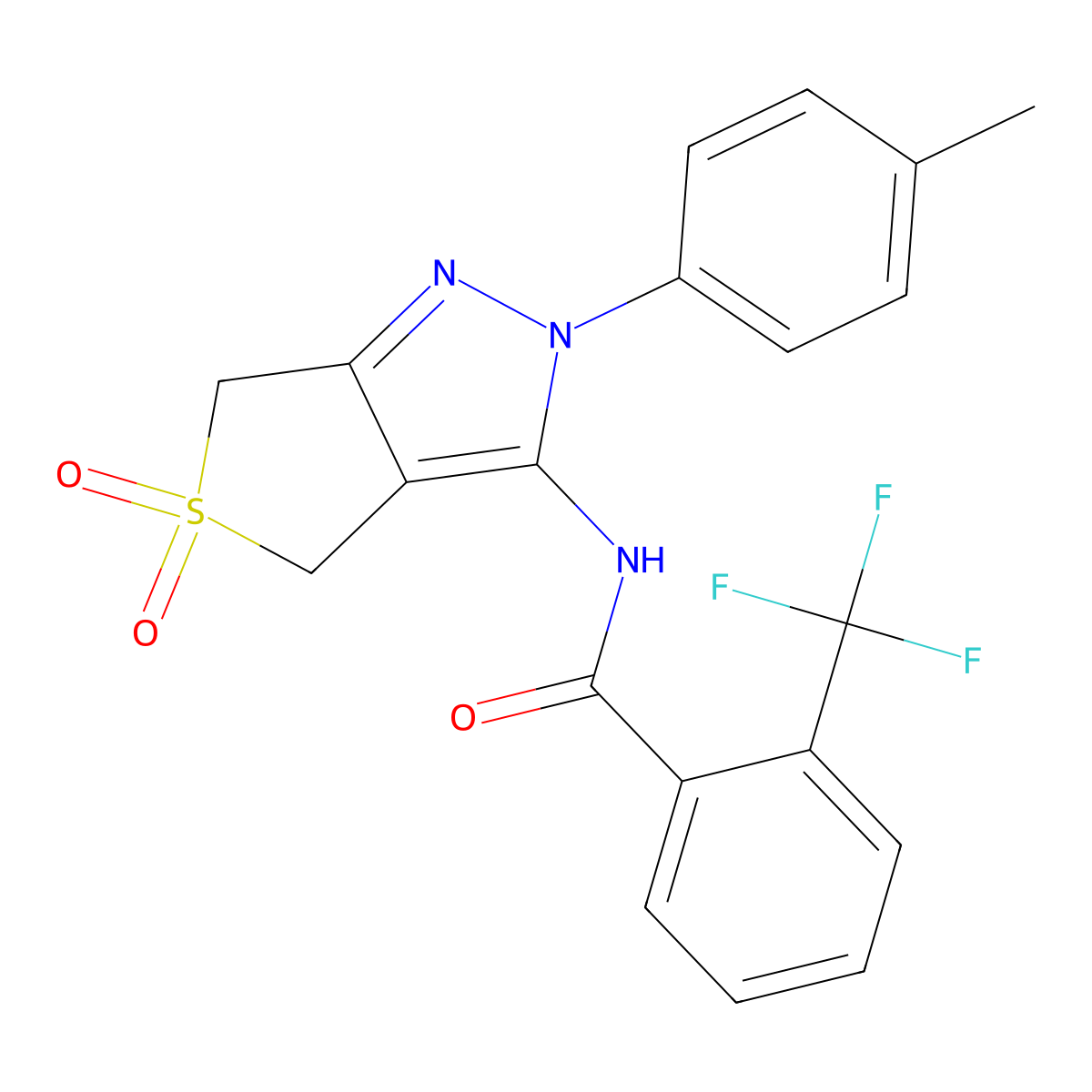 N-[2-(4-methylphenyl)-5,5-dioxo-4,6-dihydrothieno[3,4-c]pyrazol-3-yl]-2-(trifluoromethyl)benzamide molecular structure, CAS 449787-50-2