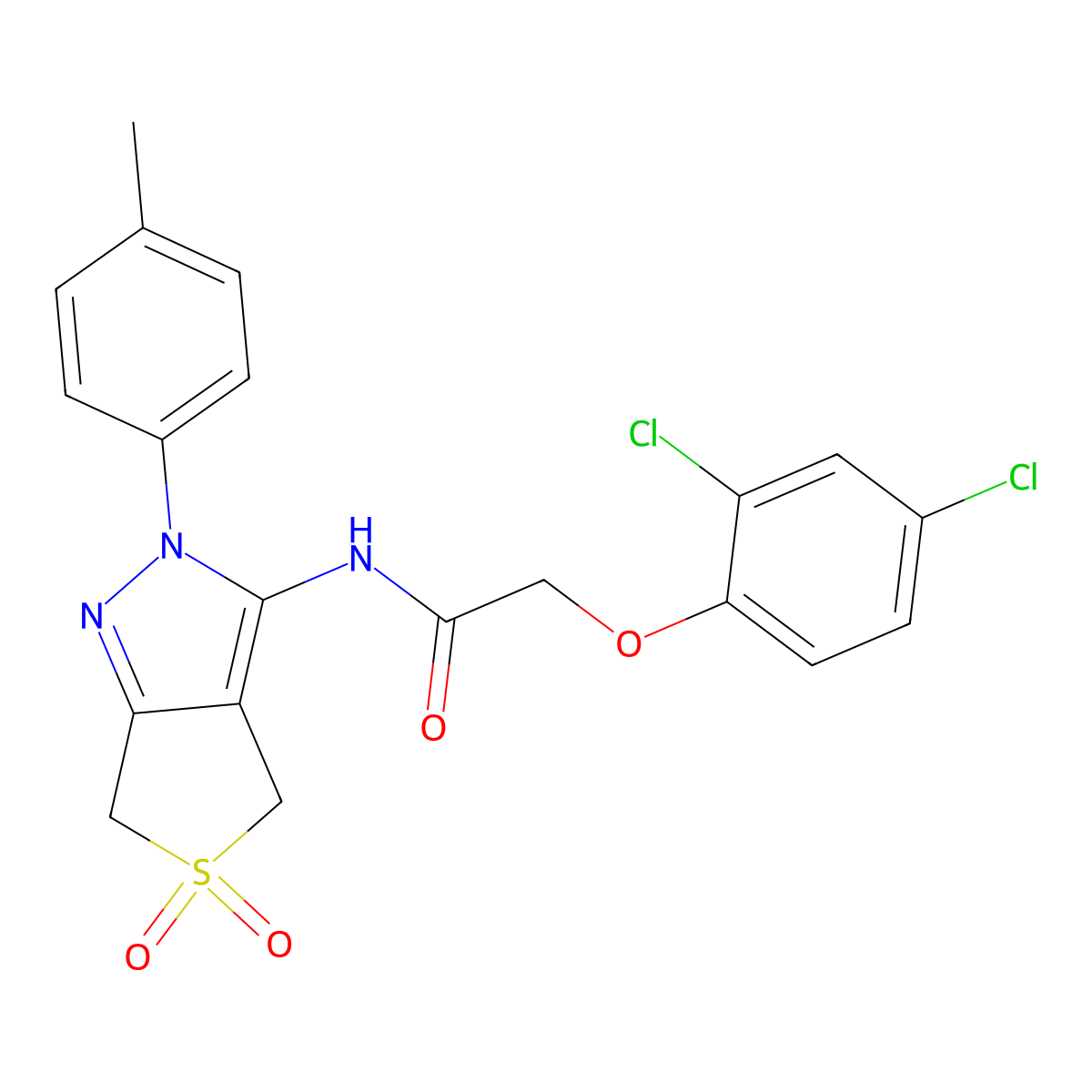2-(2,4-dichlorophenoxy)-N-(5,5-dioxido-2-(p-tolyl)-4,6-dihydro-2H-thieno[3,4-c]pyrazol-3-yl)acetamide molecular structure, CAS 449788-26-5