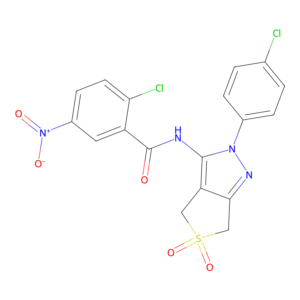 2-chloro-N-(2-(4-chlorophenyl)-5,5-dioxido-4,6-dihydro-2H-thieno[3,4-c]pyrazol-3-yl)-5-nitrobenzamide molecular structure, CAS 449791-19-9