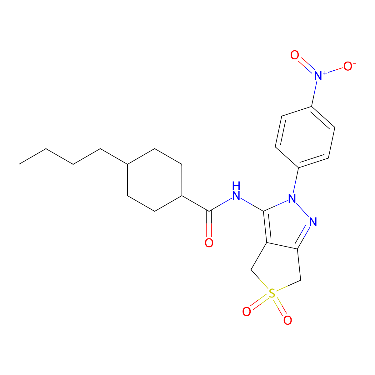 4-butyl-N-(2-(4-nitrophenyl)-5,5-dioxido-4,6-dihydro-2H-thieno[3,4-c]pyrazol-3-yl)cyclohexanecarboxamide molecular structure, CAS 449792-50-1