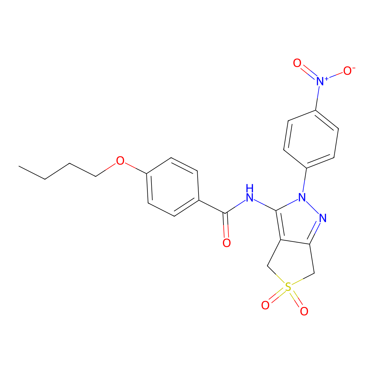 4-butoxy-N-(2-(4-nitrophenyl)-5,5-dioxido-4,6-dihydro-2H-thieno[3,4-c]pyrazol-3-yl)benzamide molecular structure, CAS 449793-02-6