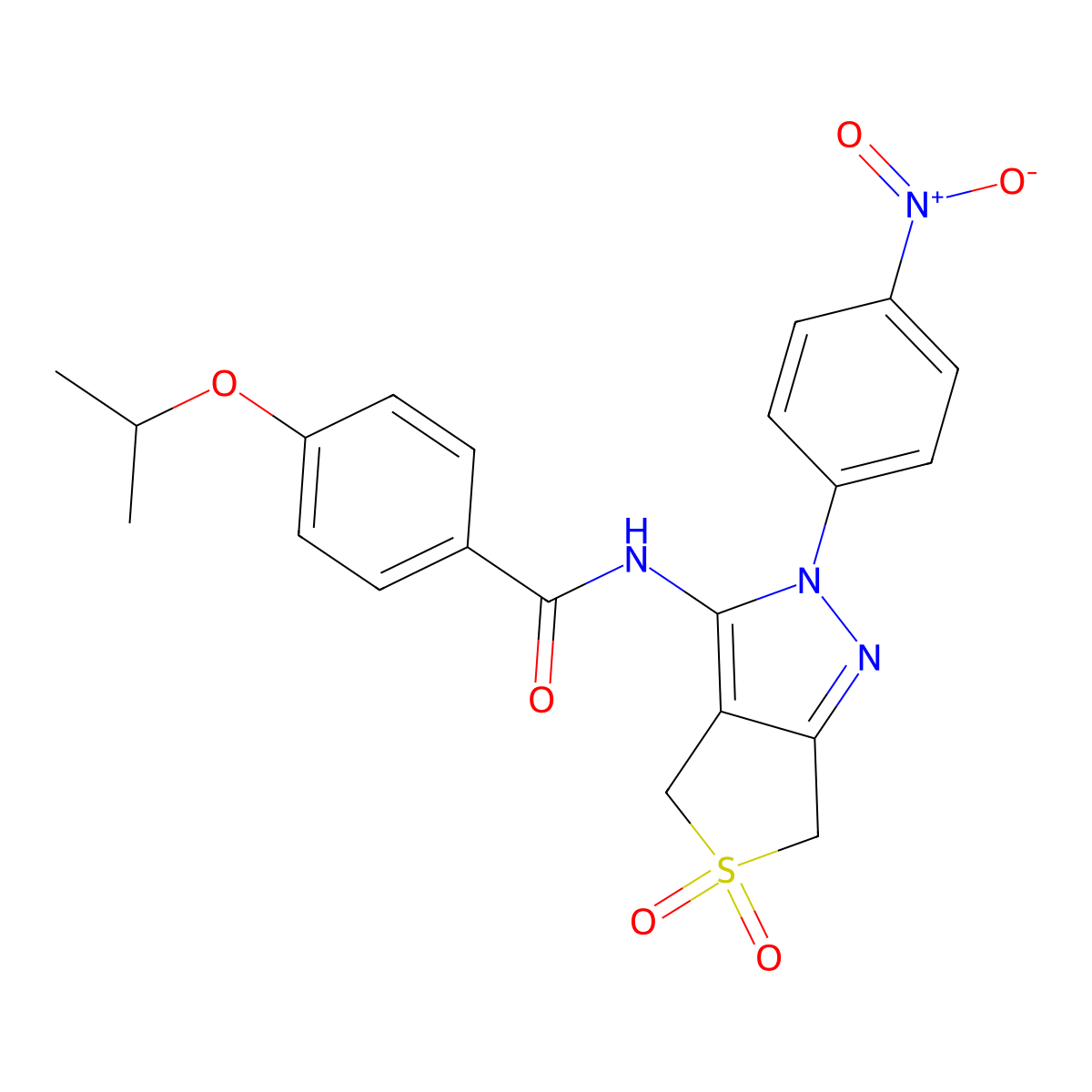 4-isopropoxy-N-(2-(4-nitrophenyl)-5,5-dioxido-4,6-dihydro-2H-thieno[3,4-c]pyrazol-3-yl)benzamide molecular structure, CAS 449793-04-8