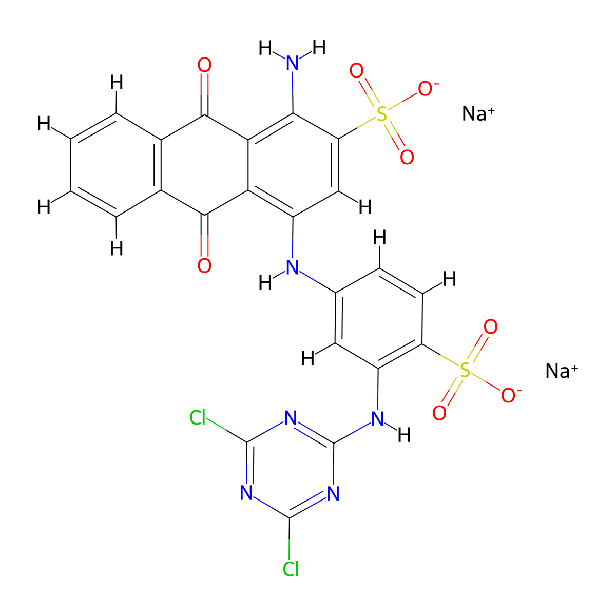 2-anthracenesulfonic acid, 1-amino-4-((3-((4,6-dichloro-1,3,5-triazin-2-yl)amino)-4-sulfophenyl)amino)-9,10-dihydro-9,10-dioxo-, disodium salt molecular structure, CAS 4499-01-8