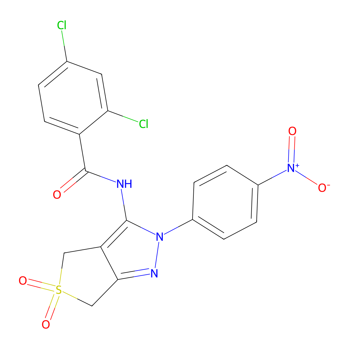 2,4-dichloro-N-[2-(4-nitrophenyl)-5,5-dioxo-4,6-dihydrothieno[3,4-c]pyrazol-3-yl]benzamide molecular structure, CAS 450336-38-6