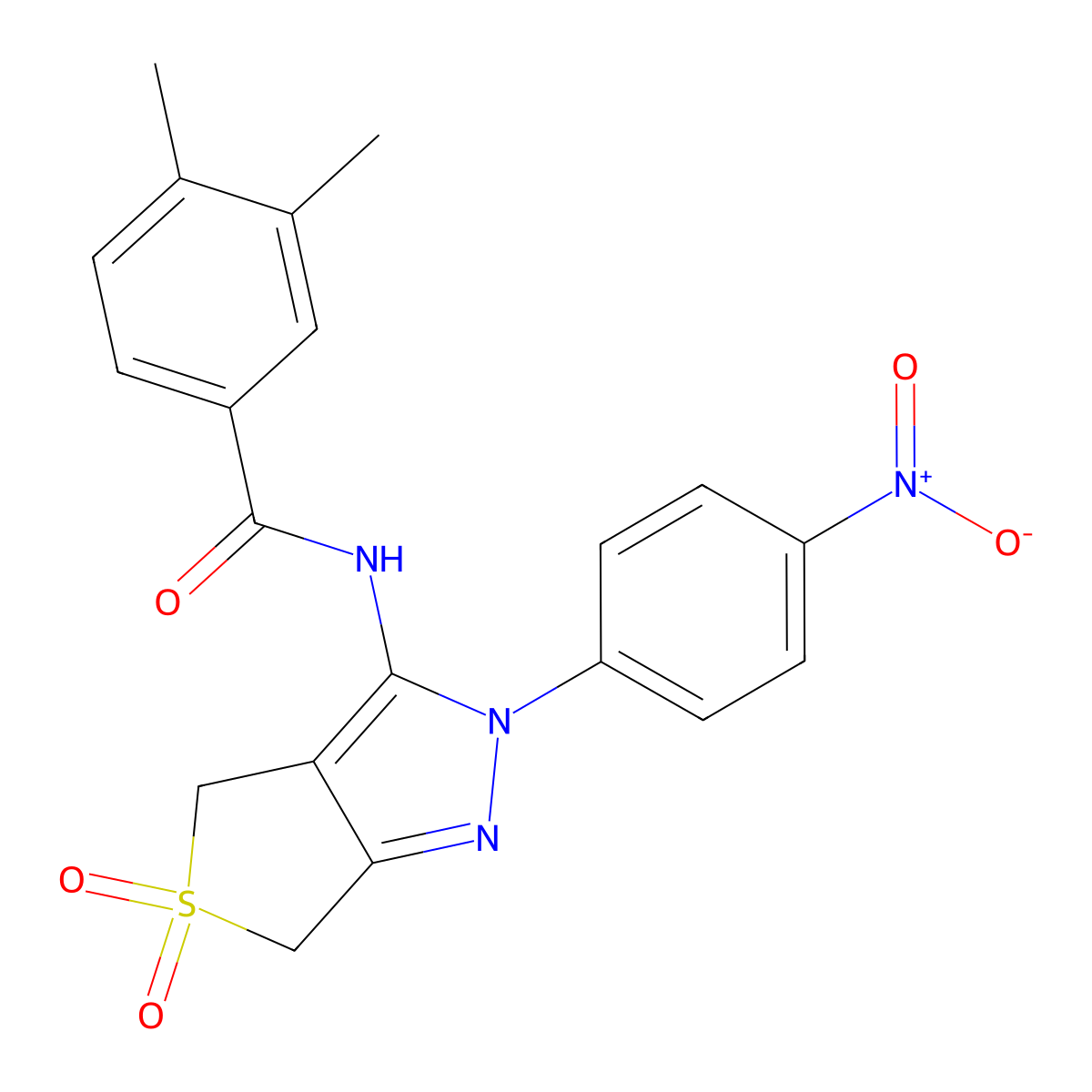 3,4-dimethyl-N-(2-(4-nitrophenyl)-5,5-dioxido-4,6-dihydro-2H-thieno[3,4-c]pyrazol-3-yl)benzamide molecular structure, CAS 450336-39-7