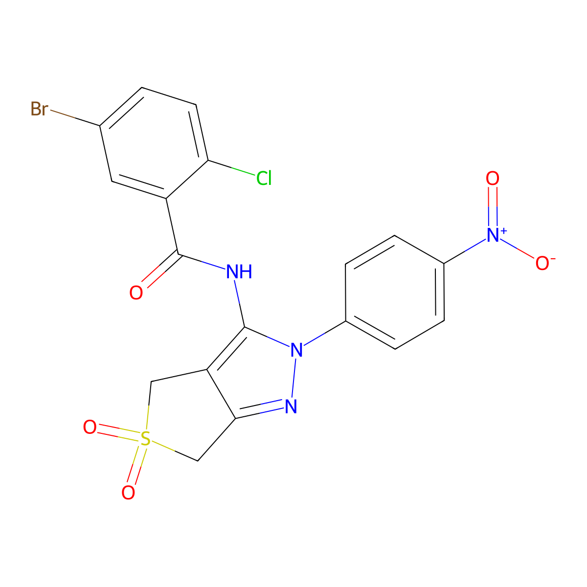 5-bromo-2-chloro-N-(2-(4-nitrophenyl)-5,5-dioxido-4,6-dihydro-2H-thieno[3,4-c]pyrazol-3-yl)benzamide molecular structure, CAS 450336-41-1