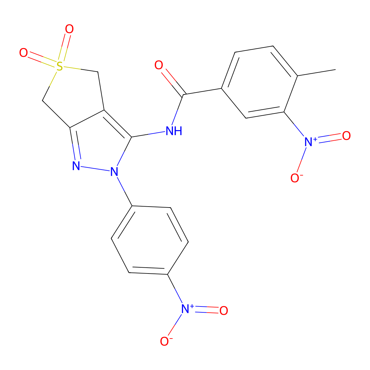4-methyl-3-nitro-N-(2-(4-nitrophenyl)-5,5-dioxido-4,6-dihydro-2H-thieno[3,4-c]pyrazol-3-yl)benzamide molecular structure, CAS 450336-45-5