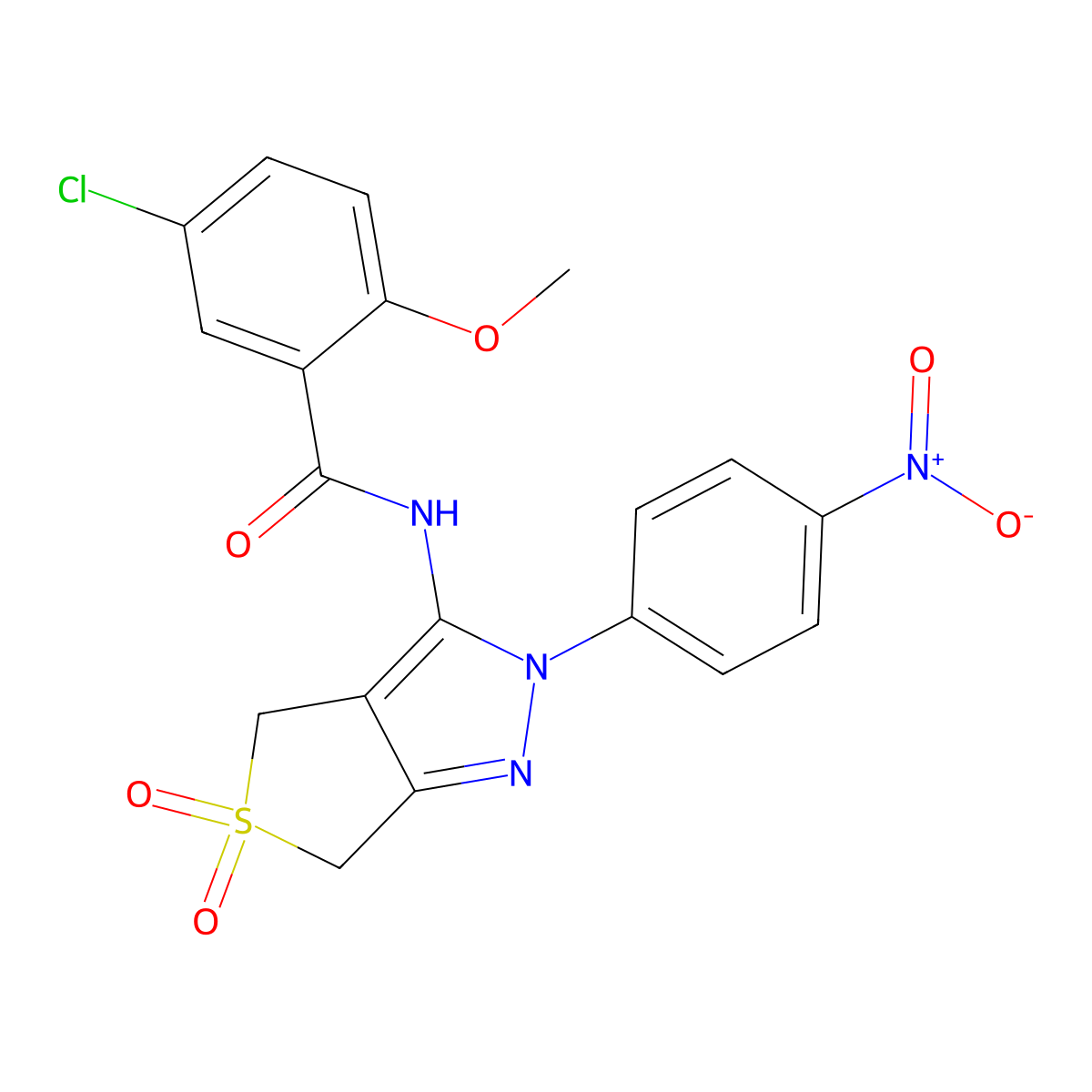 5-chloro-2-methoxy-N-[2-(4-nitrophenyl)-5,5-dioxo-4,6-dihydrothieno[3,4-c]pyrazol-3-yl]benzamide molecular structure, CAS 450336-49-9
