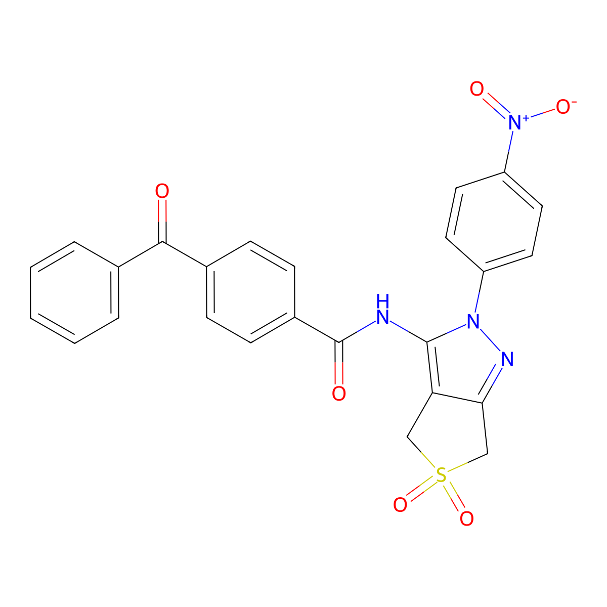 4-benzoyl-N-[2-(4-nitrophenyl)-5,5-dioxo-4,6-dihydrothieno[3,4-c]pyrazol-3-yl]benzamide molecular structure, CAS 450336-52-4