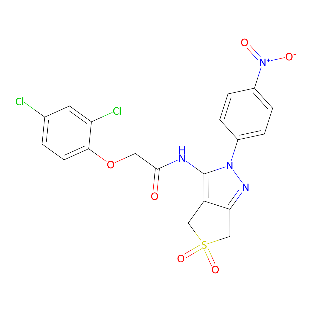 2-(2,4-dichlorophenoxy)-N-(2-(4-nitrophenyl)-5,5-dioxido-4,6-dihydro-2H-thieno[3,4-c]pyrazol-3-yl)acetamide molecular structure, CAS 450336-59-1