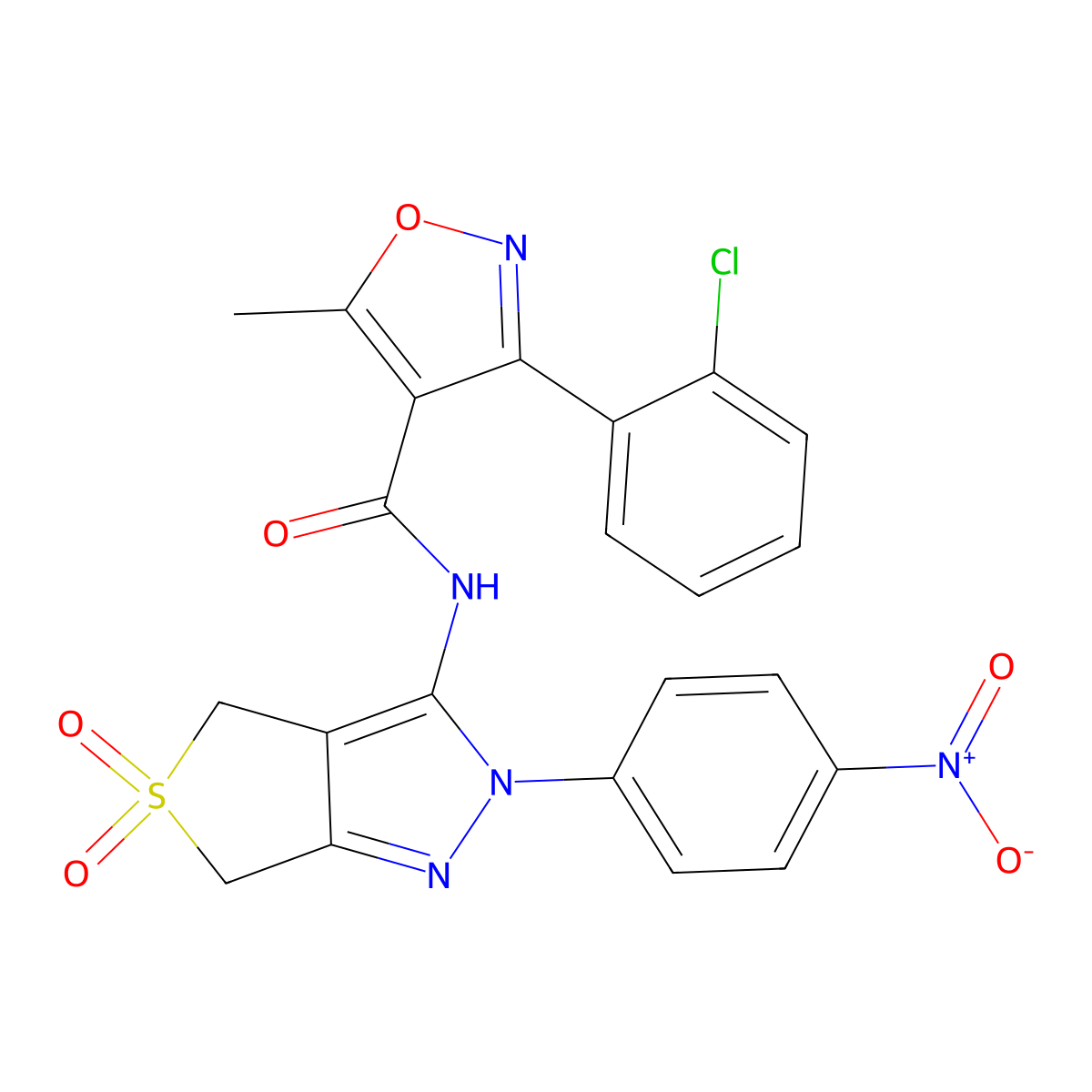 3-(2-chlorophenyl)-5-methyl-N-(2-(4-nitrophenyl)-5,5-dioxido-4,6-dihydro-2H-thieno[3,4-c]pyrazol-3-yl)isoxazole-4-carboxamide molecular structure, CAS 450336-61-5