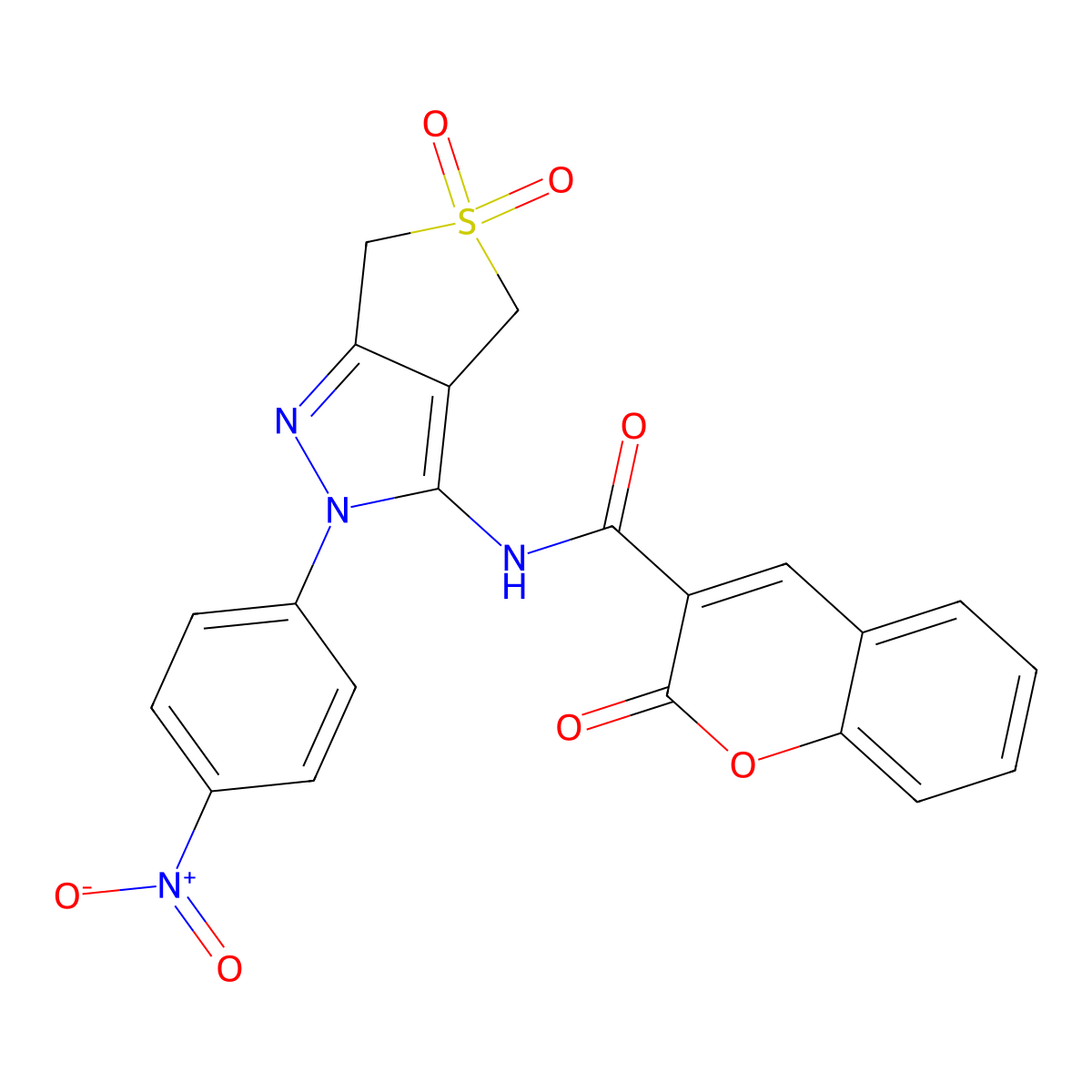 N-(2-(4-nitrophenyl)-5,5-dioxido-4,6-dihydro-2H-thieno[3,4-c]pyrazol-3-yl)-2-oxo-2H-chromene-3-carboxamide molecular structure, CAS 450336-62-6