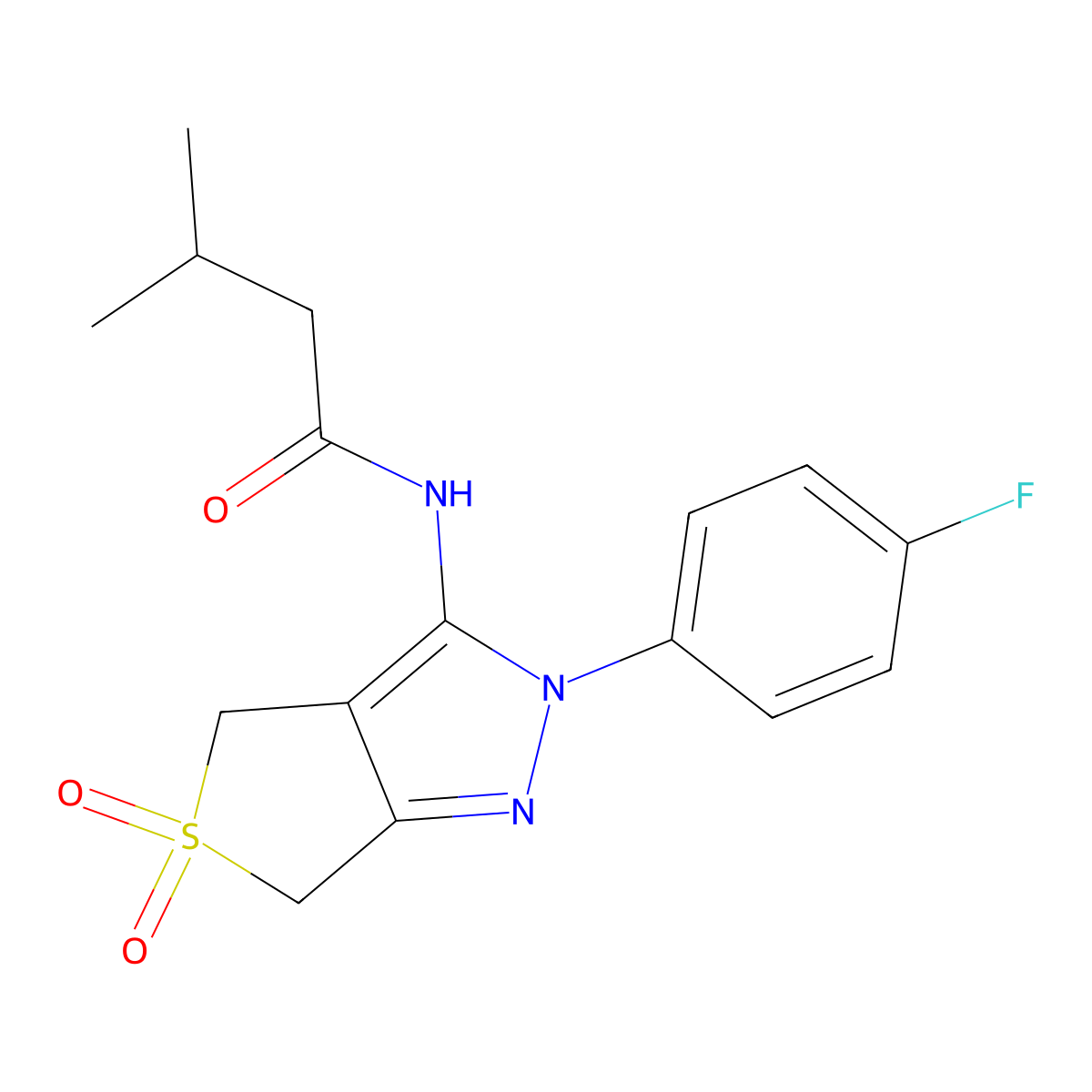 N-(2-(4-fluorophenyl)-5,5-dioxido-4,6-dihydro-2H-thieno[3,4-c]pyrazol-3-yl)-3-methylbutanamide molecular structure, CAS 450336-72-8