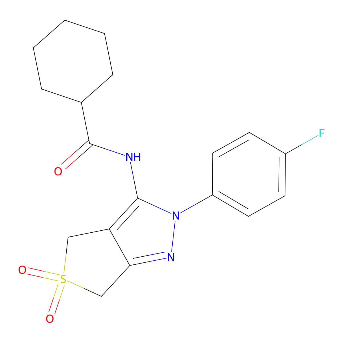N-(2-(4-fluorophenyl)-5,5-dioxido-4,6-dihydro-2H-thieno[3,4-c]pyrazol-3-yl)cyclohexanecarboxamide molecular structure, CAS 450336-75-1