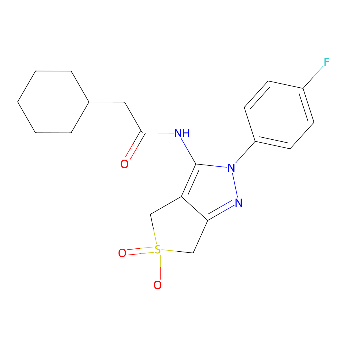 2-cyclohexyl-N-[2-(4-fluorophenyl)-5,5-dioxo-4,6-dihydrothieno[3,4-c]pyrazol-3-yl]acetamide molecular structure, CAS 450336-77-3