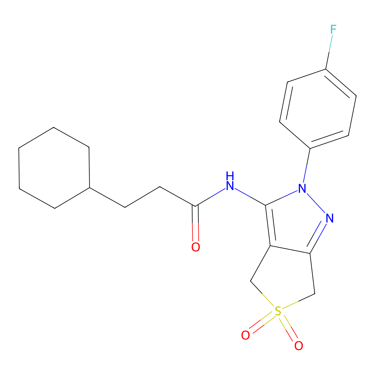 3-cyclohexyl-N-[2-(4-fluorophenyl)-5,5-dioxido-2,6-dihydro-4H-thieno[3,4-c]pyrazol-3-yl]propanamide molecular structure, CAS 450336-79-5