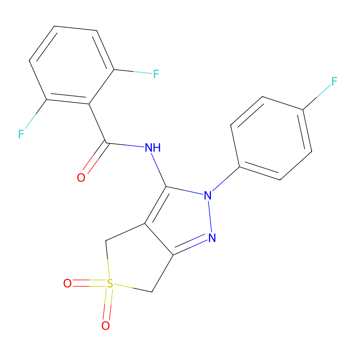 2,6-difluoro-N-[2-(4-fluorophenyl)-5,5-dioxo-4,6-dihydrothieno[3,4-c]pyrazol-3-yl]benzamide molecular structure, CAS 450337-15-2