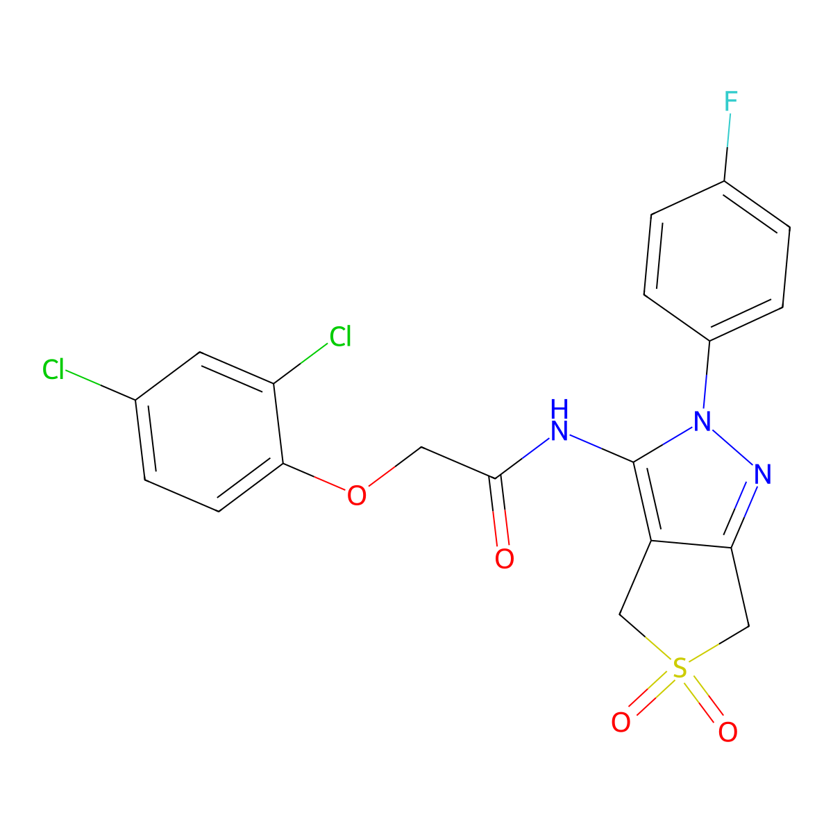 2-(2,4-dichlorophenoxy)-N-[2-(4-fluorophenyl)-5,5-dioxo-4,6-dihydrothieno[3,4-c]pyrazol-3-yl]acetamide molecular structure, CAS 450337-39-0