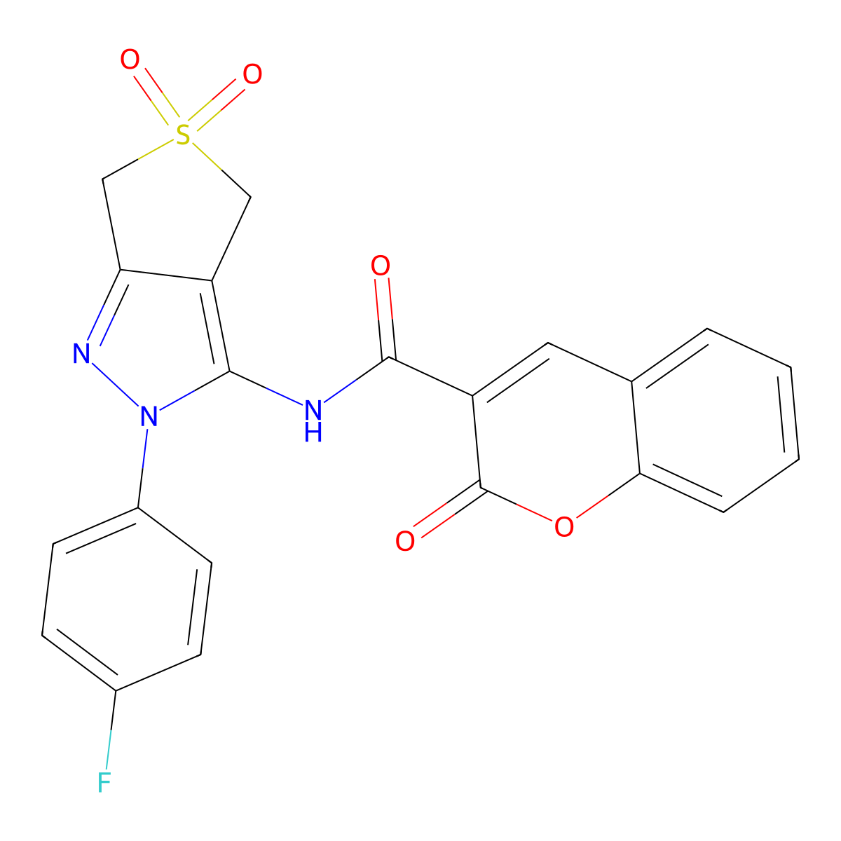 N-(2-(4-fluorophenyl)-5,5-dioxido-4,6-dihydro-2H-thieno[3,4-c]pyrazol-3-yl)-2-oxo-2H-chromene-3-carboxamide molecular structure, CAS 450337-46-9
