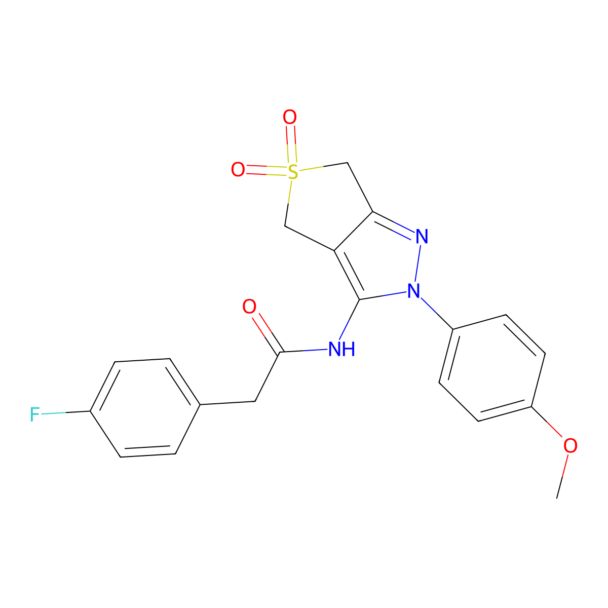 2-(4-fluorophenyl)-N-(2-(4-methoxyphenyl)-5,5-dioxido-4,6-dihydro-2H-thieno[3,4-c]pyrazol-3-yl)acetamide molecular structure, CAS 450338-18-8