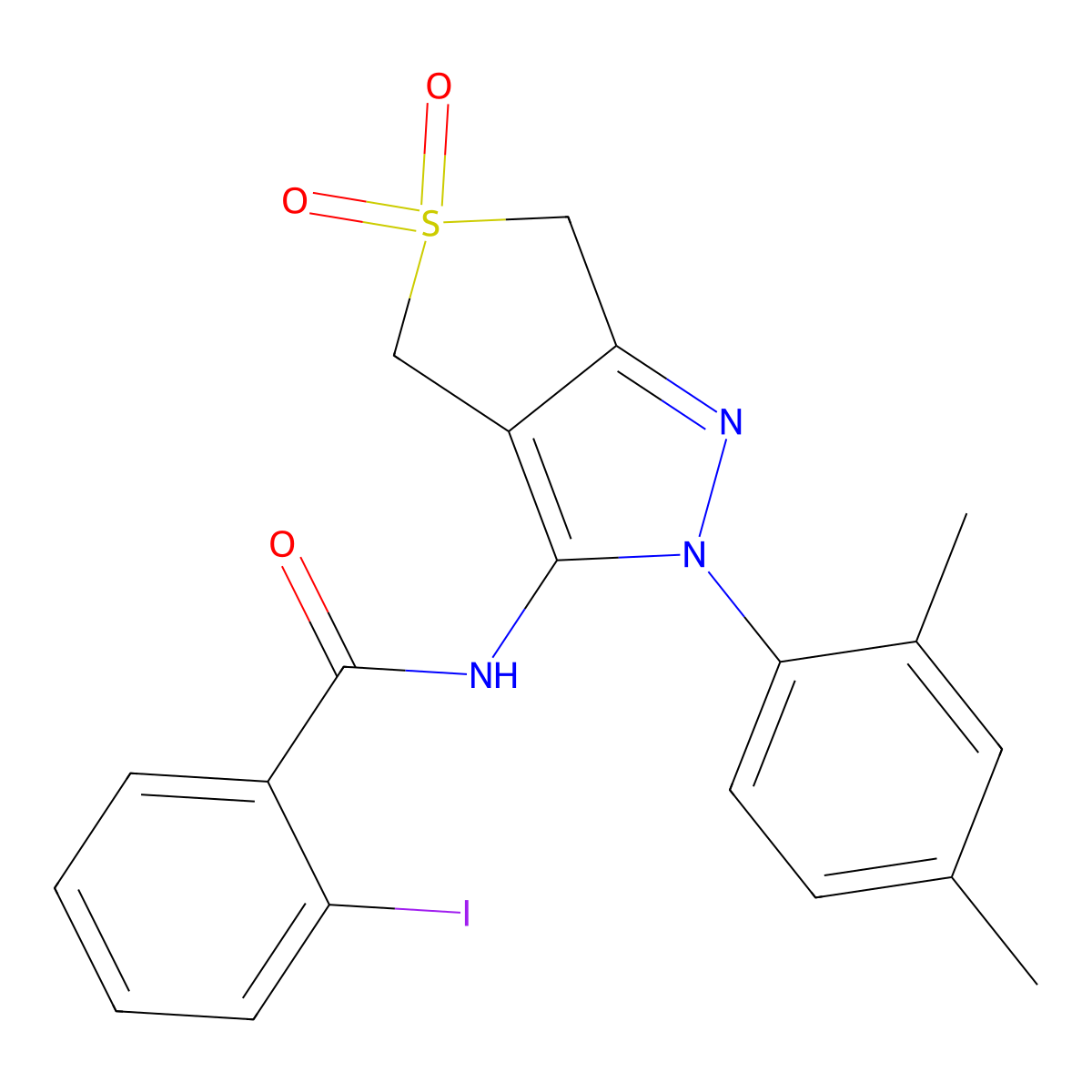 N-[2-(2,4-dimethylphenyl)-5,5-dioxo-4,6-dihydrothieno[3,4-c]pyrazol-3-yl]-2-iodobenzamide molecular structure, CAS 450339-47-6