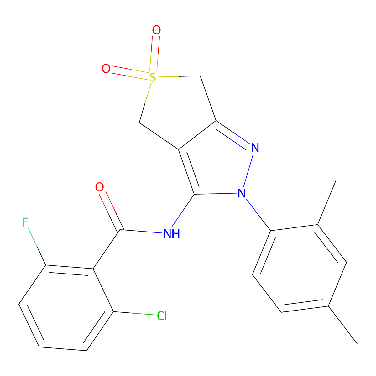 2-chloro-N-(2-(2,4-dimethylphenyl)-5,5-dioxido-4,6-dihydro-2H-thieno[3,4-c]pyrazol-3-yl)-6-fluorobenzamide molecular structure, CAS 450339-75-0