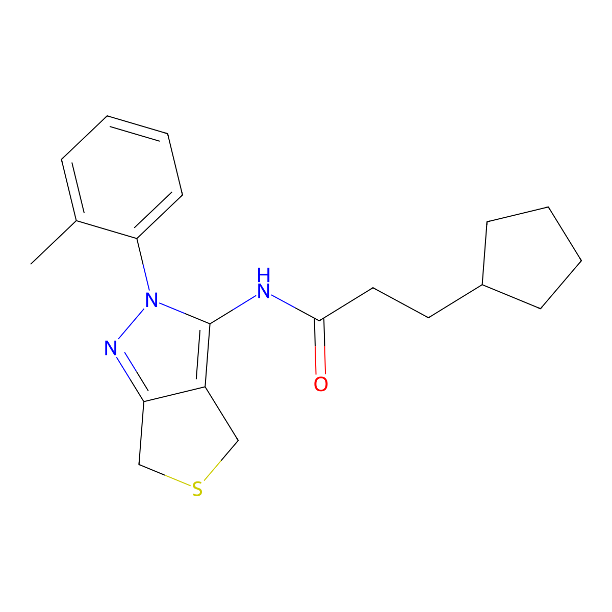 3-cyclopentyl-N-(2-(o-tolyl)-4,6-dihydro-2H-thieno[3,4-c]pyrazol-3-yl)propanamide molecular structure, CAS 450340-19-9