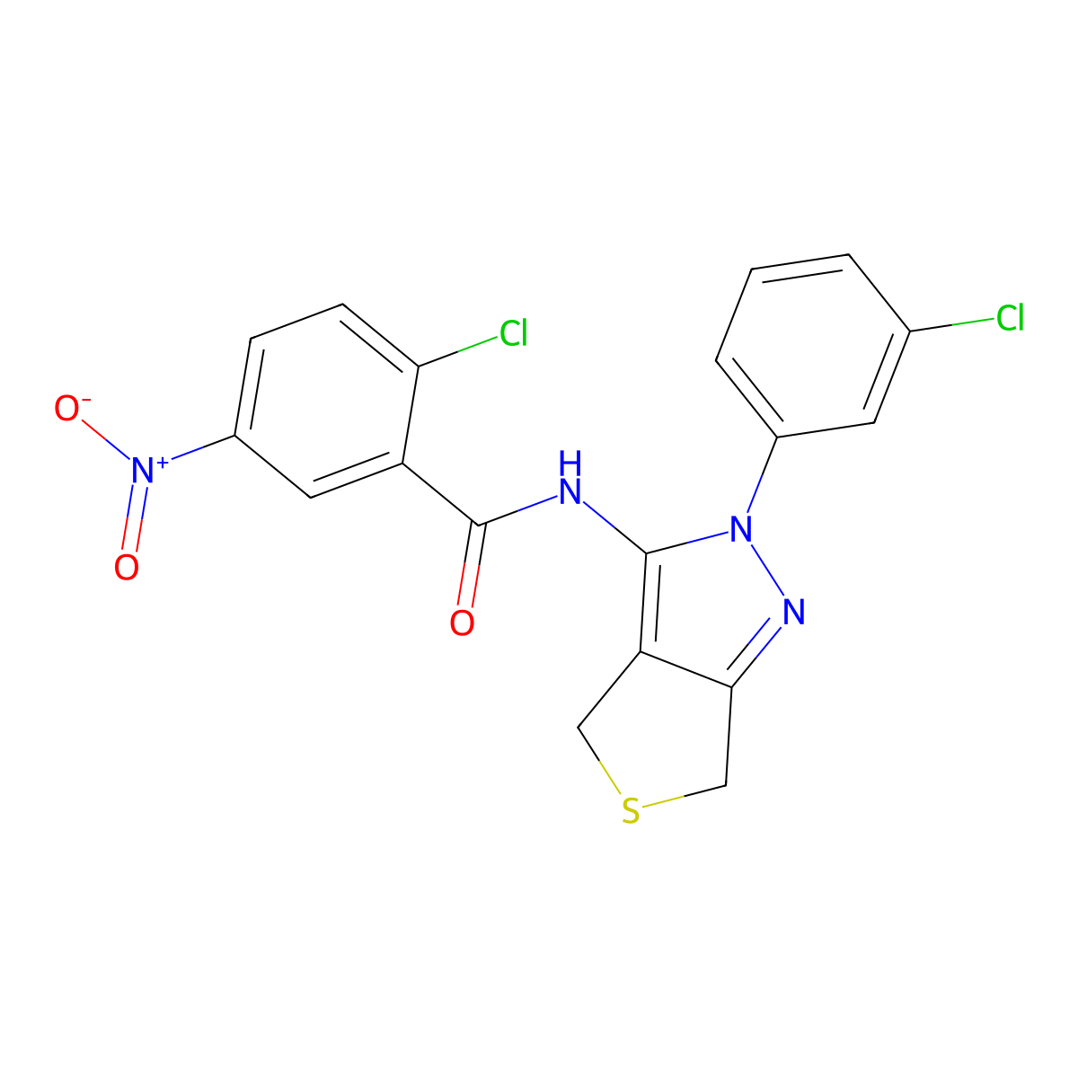 2-chloro-N-(2-(3-chlorophenyl)-4,6-dihydro-2H-thieno[3,4-c]pyrazol-3-yl)-5-nitrobenzamide molecular structure, CAS 450340-88-2