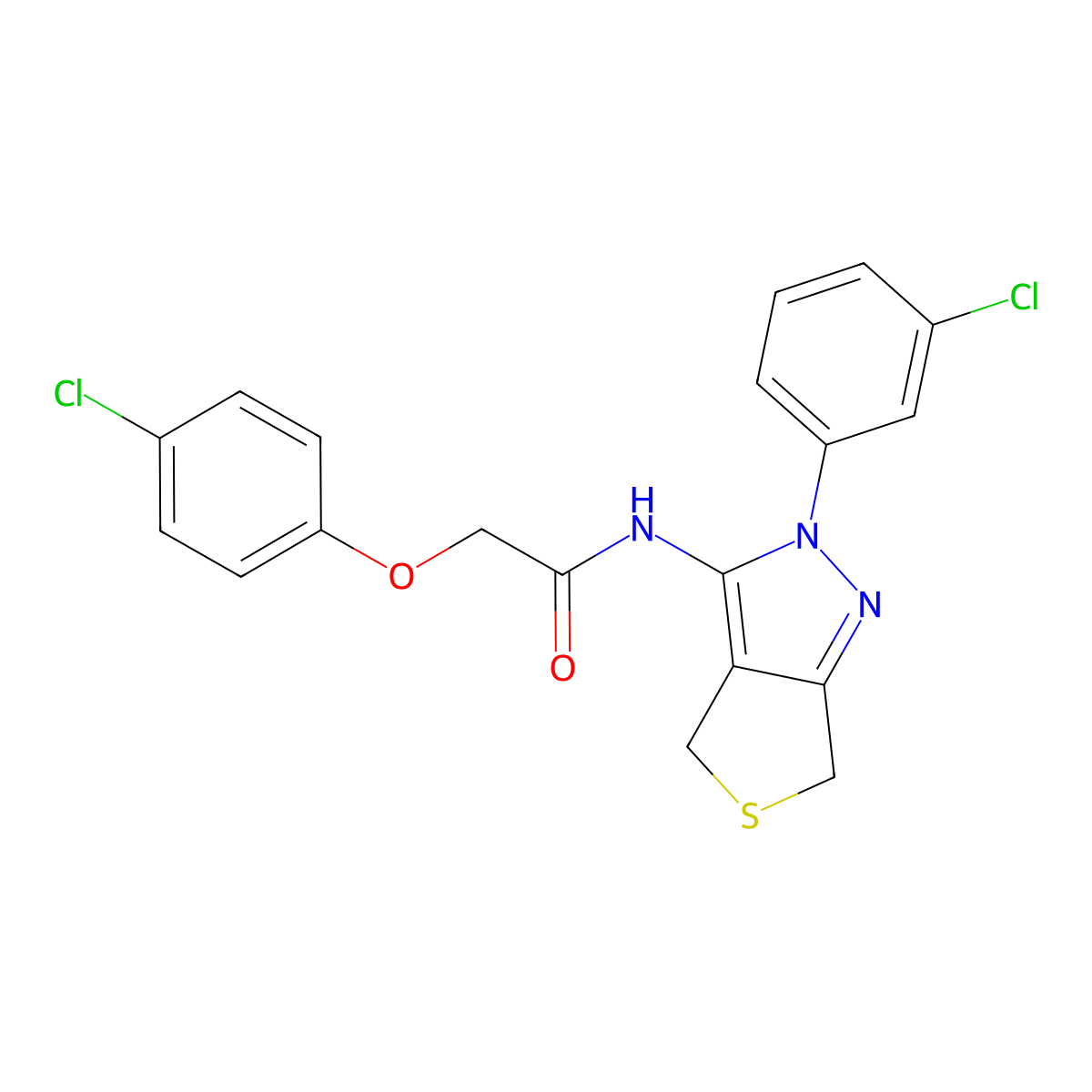 2-(4-chlorophenoxy)-N-[2-(3-chlorophenyl)-4,6-dihydrothieno[3,4-c]pyrazol-3-yl]acetamide molecular structure, CAS 450341-10-3