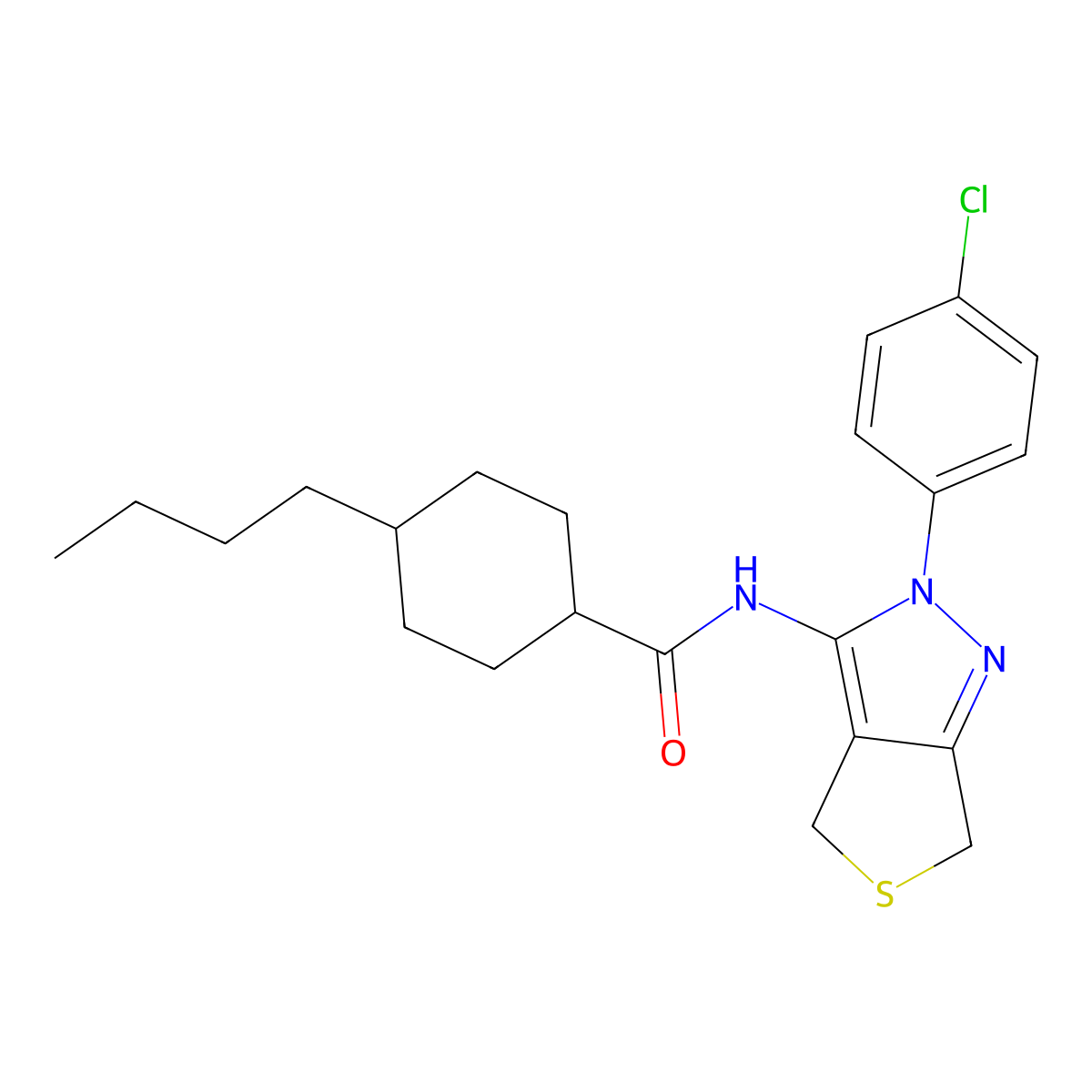4-butyl-N-(2-(4-chlorophenyl)-4,6-dihydro-2H-thieno[3,4-c]pyrazol-3-yl)cyclohexanecarboxamide molecular structure, CAS 450341-22-7