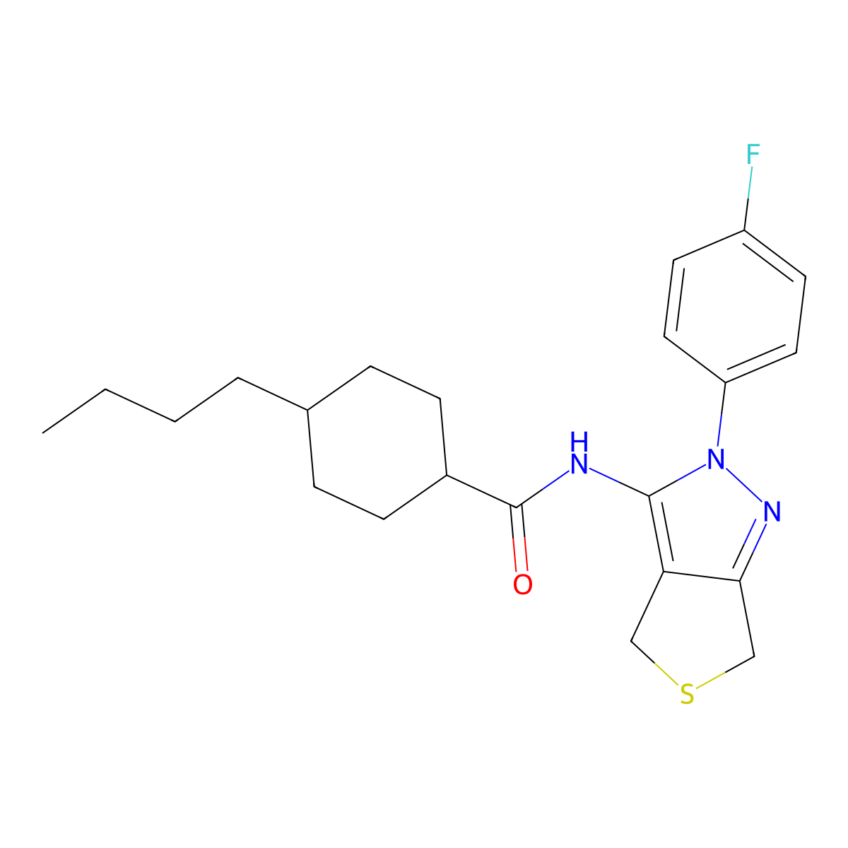 4-butyl-N-[2-(4-fluorophenyl)-4,6-dihydrothieno[3,4-c]pyrazol-3-yl]cyclohexane-1-carboxamide molecular structure, CAS 450342-73-1