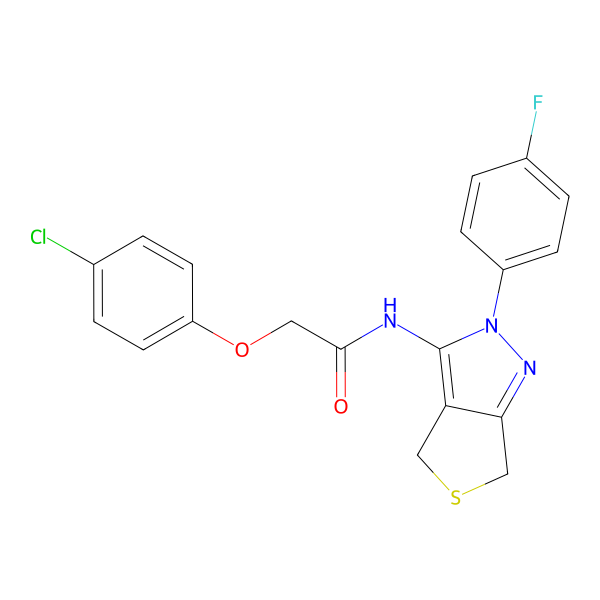2-(4-chlorophenoxy)-N-(2-(4-fluorophenyl)-4,6-dihydro-2H-thieno[3,4-c]pyrazol-3-yl)acetamide molecular structure, CAS 450343-37-0