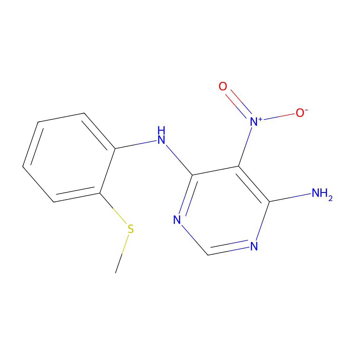 N4-(2-(methylthio)phenyl)-5-nitropyrimidine-4,6-diamine molecular structure, CAS 450345-11-6
