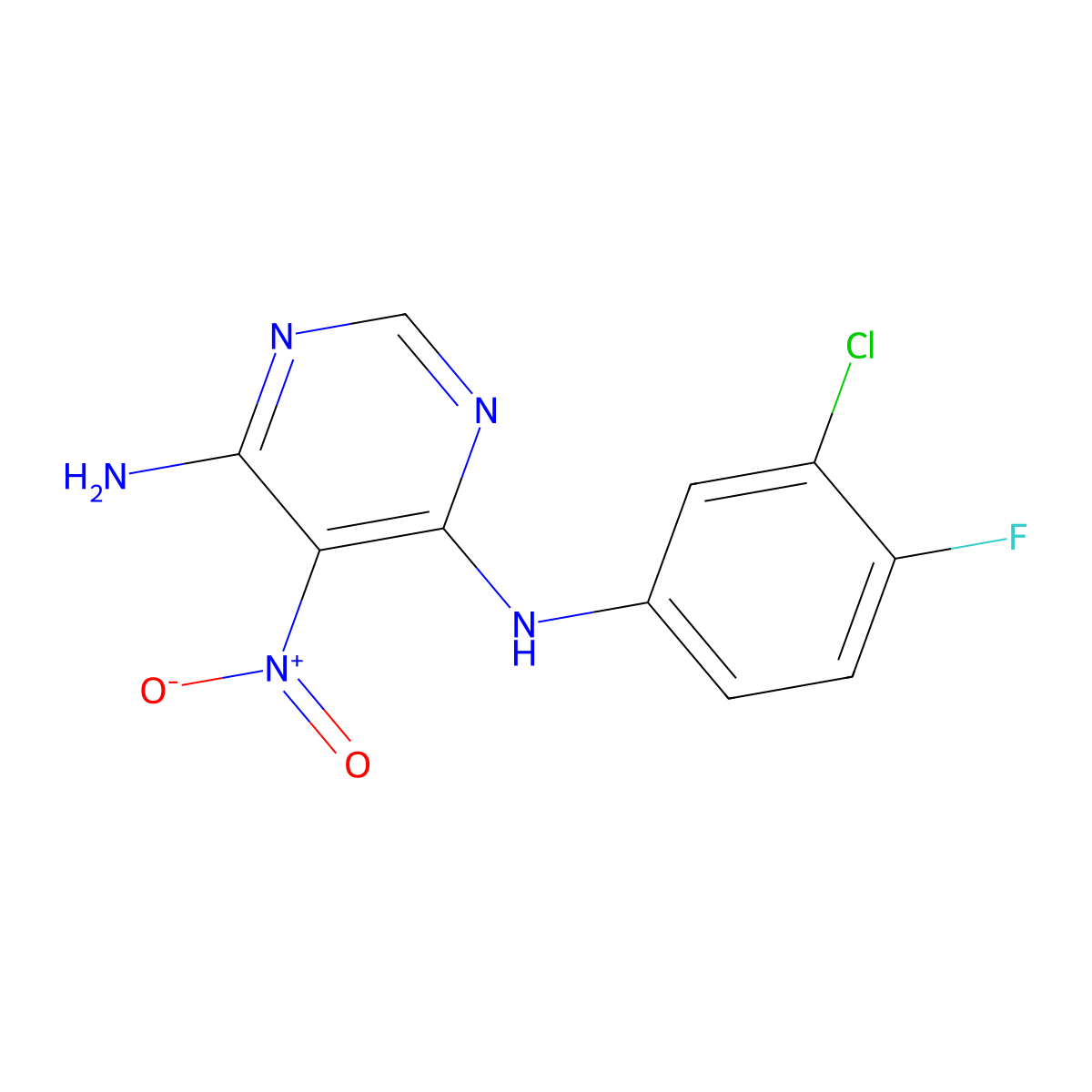 N-(3-chloro-4-fluorophenyl)-5-nitropyrimidine-4,6-diamine molecular structure, CAS 450345-31-0