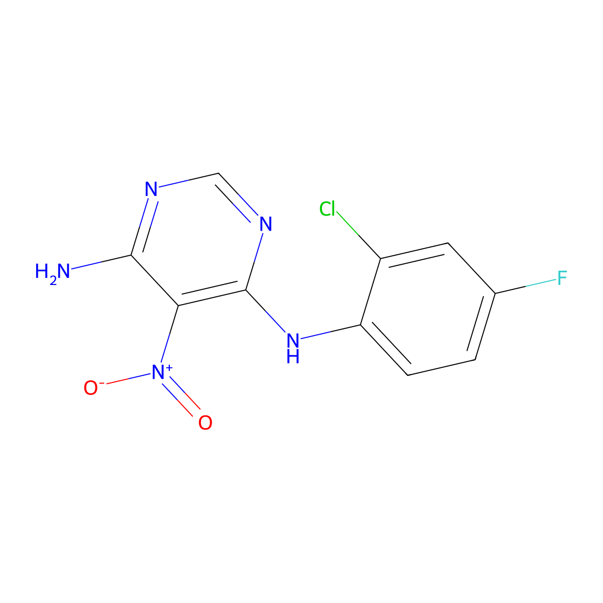 N4-(2-chloro-4-fluorophenyl)-5-nitropyrimidine-4,6-diamine molecular structure, CAS 450345-32-1