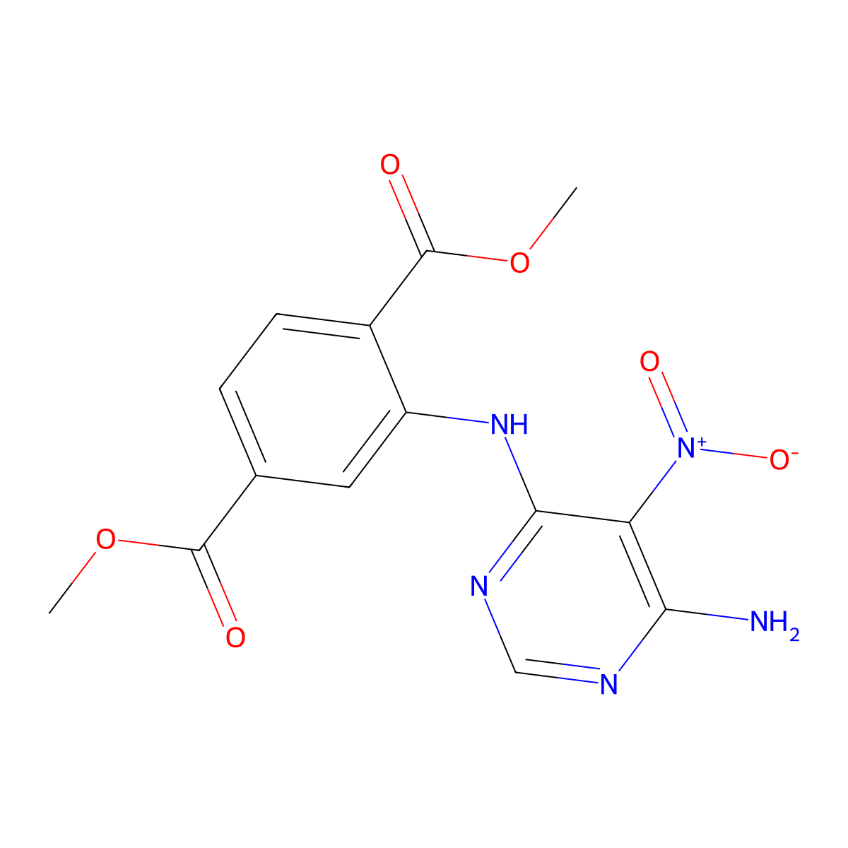 Dimethyl 2-((6-amino-5-nitropyrimidin-4-yl)amino)terephthalate molecular structure, CAS 450345-46-7