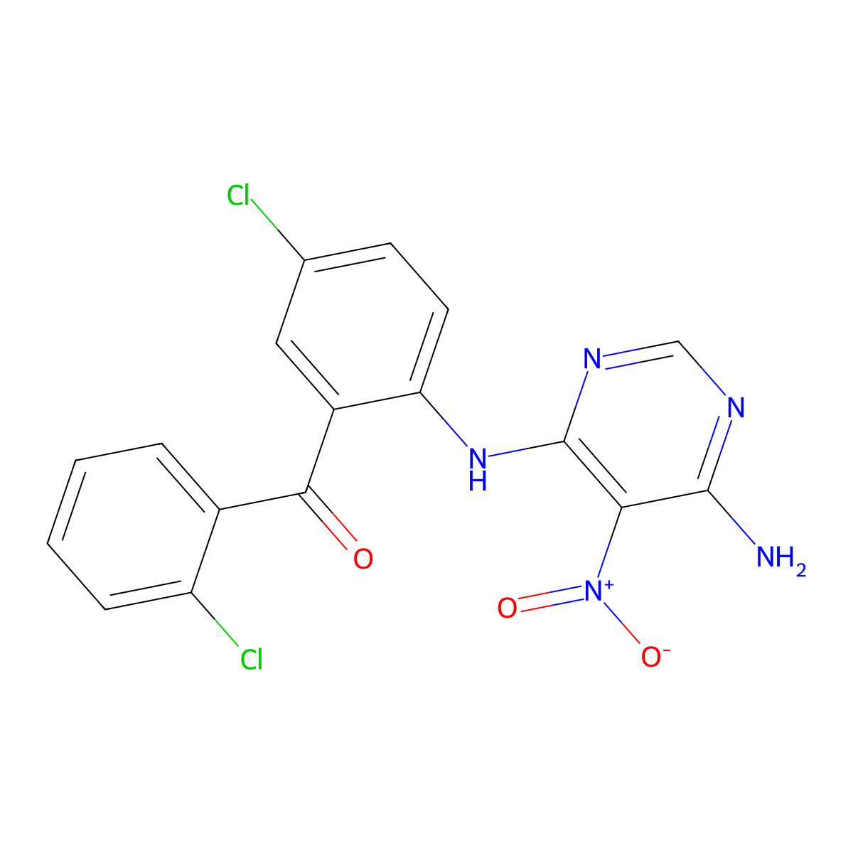 (2-((6-Amino-5-nitropyrimidin-4-yl)amino)-5-chlorophenyl)(2-chlorophenyl)methanone molecular structure, CAS 450345-48-9