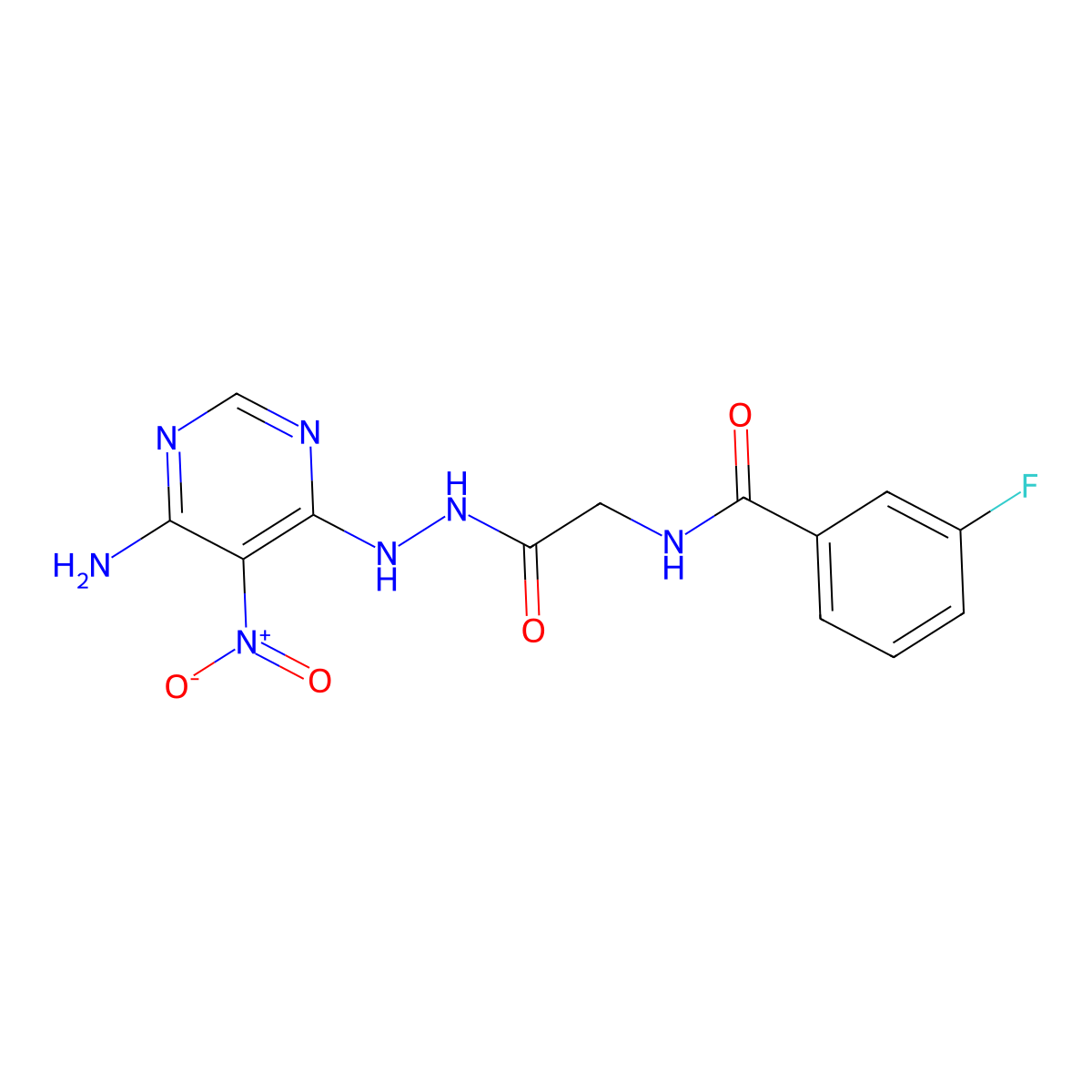 N-(2-(2-(6-amino-5-nitropyrimidin-4-yl)hydrazinyl)-2-oxoethyl)-3-fluorobenzamide molecular structure, CAS 450346-08-4