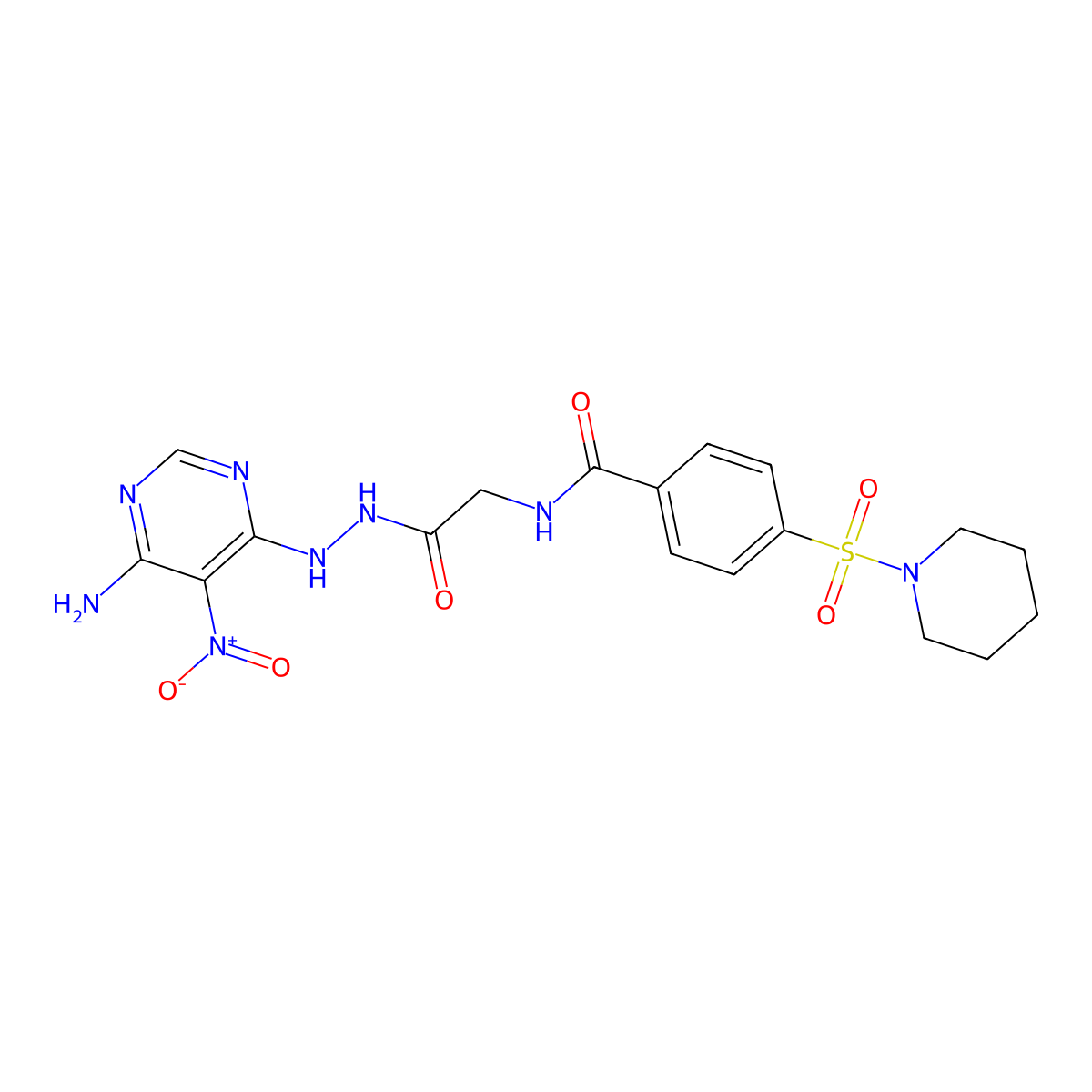 N-[2-[2-(6-amino-5-nitropyrimidin-4-yl)hydrazinyl]-2-oxoethyl]-4-piperidin-1-ylsulfonylbenzamide molecular structure, CAS 450346-19-7